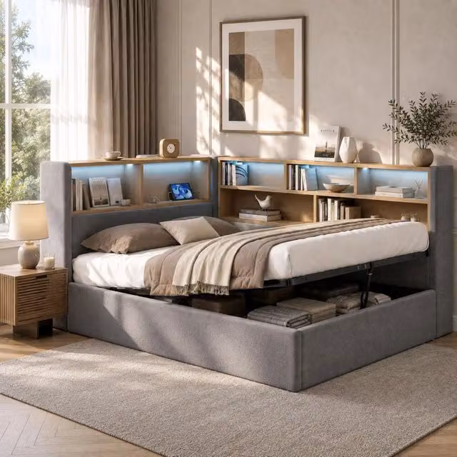 Letto imbottito, divano letto, 140 x 200 cm, con vano portaoggetti, luci a LED, presa di ricarica USB, in velluto, grigio