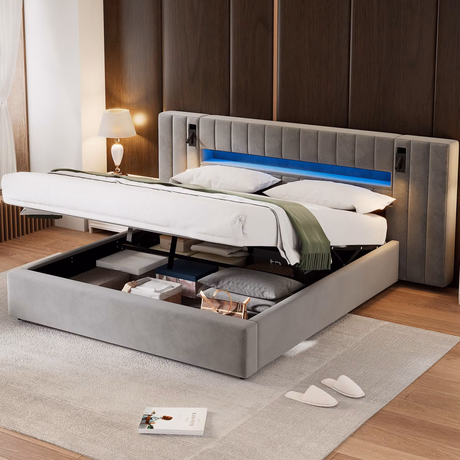 Letto imbottito okwish con materasso 180x200, letto per giovani con connessione USB, letto matrimoniale con illuminazione LED, struttura contenitore, colore grigio