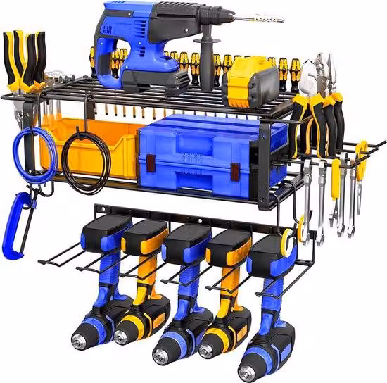 Scaffale elettrico per attrezzi, cassettiera a 3 ripiani con 5 supporti per trapani a percussione, chiavi inglesi, pinze e avvitatori, per officina, garage e casa, nero