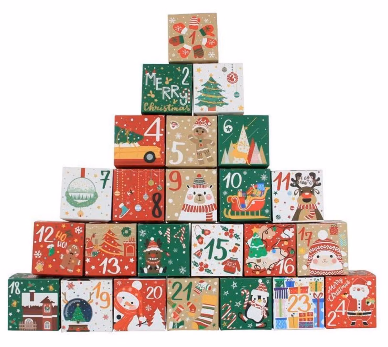 Calendario dell'Avvento da riempire, con 24 scatoline, motivi natalizi, dimensioni 7x7x7 cm, colorate