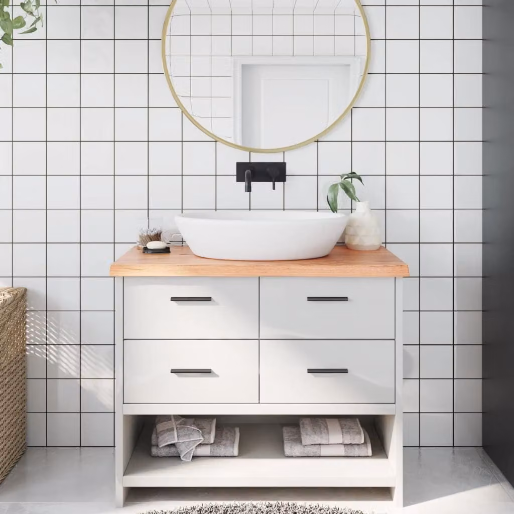 Piano Bagno vidaXL in Legno Massello Trattato e Pietra Naturale, Marrone e Bianco, L 100 cm x P 60 cm x H 2-4 cm