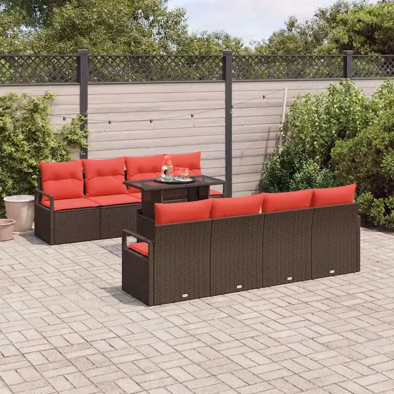 Set Divano da Giardino vidaXL a Forma a U composto da 9 Pezzi con Tavolino, Colore Marrone e Rosso