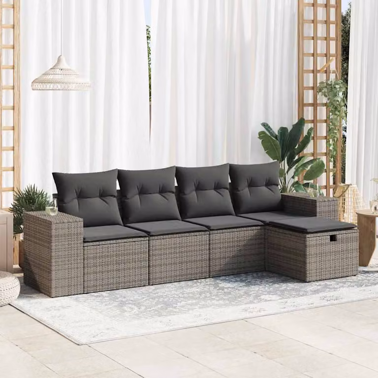 Set Divano da Giardino vidaXL 5 pz a L in Polyrattan Grigio con Cuscini e Ottoman