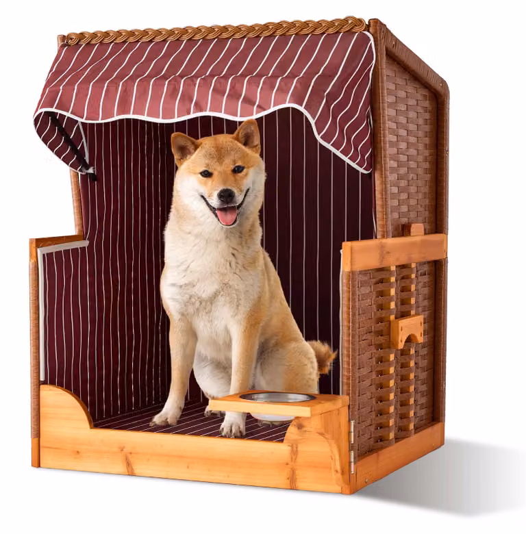 Relaxdays Cestino da spiaggia per cani, rattan, con ciotola, poltroncina per cani con tettuccio, LxPxA: 95x75x65 cm, giardino e terrazza, legno, rosso scuro