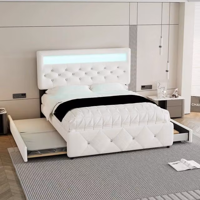 Letto Imbottito Contenitore con Cassetti e Comodino LED ¨C MINIMAL ¨C Bianco 140x200