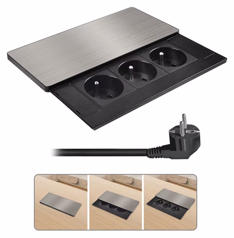 CB Elektro Solight blocco prese da incasso con coperchio scorrevole, 3 prese, 2m, argento