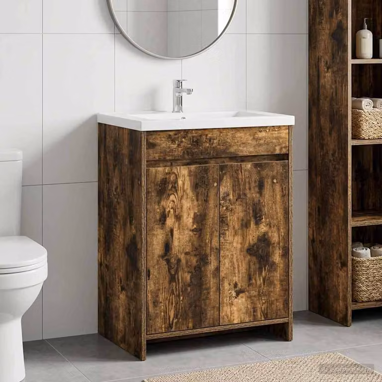 Mobiletto da bagno sottolavabo moderno vidaXL in legno Rovere Fumo, L: 56 cm, P: 37,5 cm, H: 81 cm