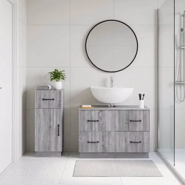 Set di 2 mobili da bagno moderni vidaXL in legno grigio opaco con vanità e ante a cerniera, sospesi a parete