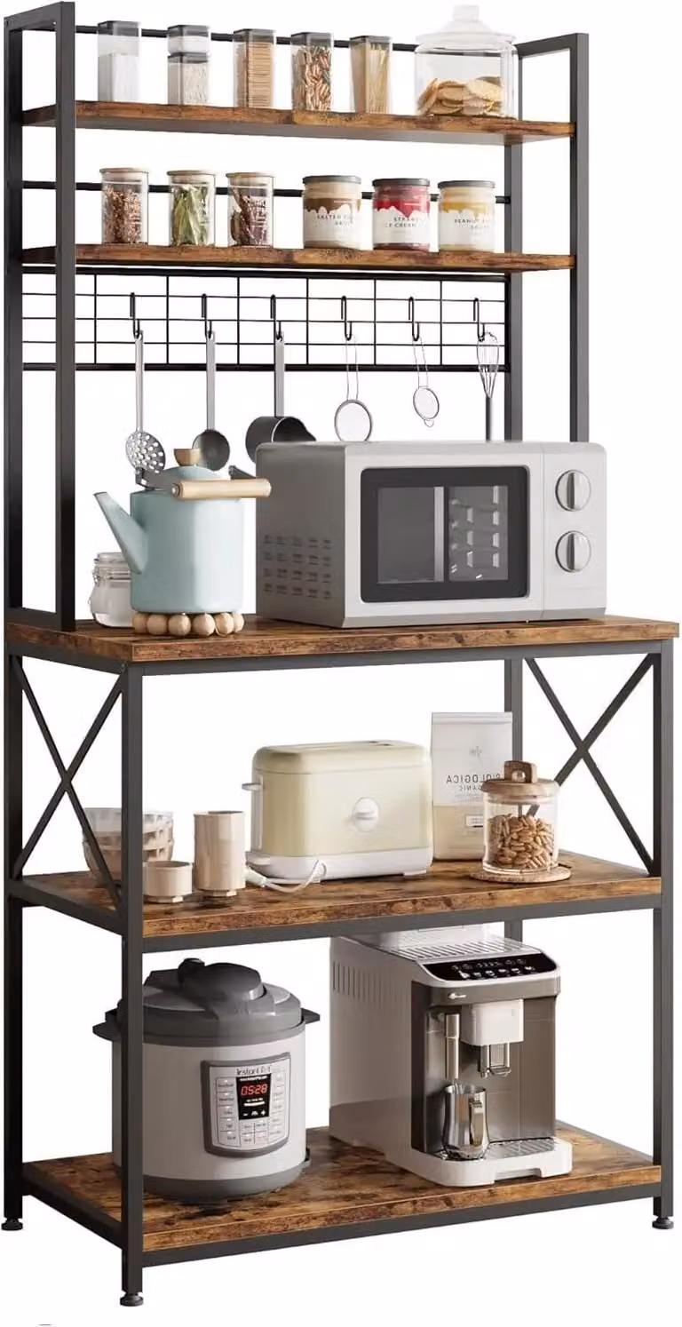 Ripiano portaoggetti per cucina - Porta microonde e angolo caffè - 5 livelli - 6 ganci - Struttura in metallo con ripiani in legno - 80x40x160 cm - Nero