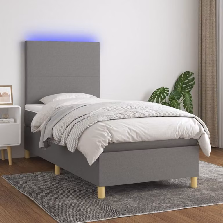 The Living Store Letto a molle con materasso e LED in tessuto grigio scuro 90x200 cm