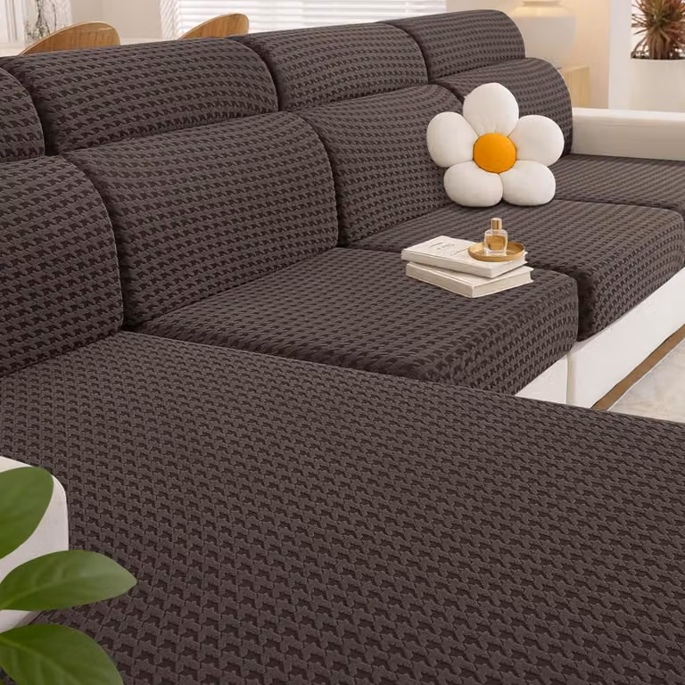 Copertura elastica per cuscini del divano, forma a L, composta da 3 coperture per sedute singole e 1 copertura per chaise longue, colore marrone, lavabile