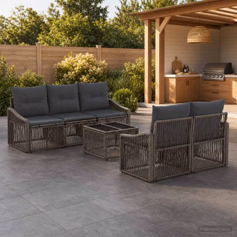 Set Divano da Giardino vidaXL 6 Pezzi Grigio con Tavolino e Cuscini in Polyrattan e Metallo