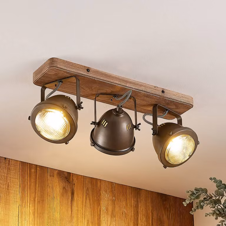 Faretto da soffitto Lindby Farovi, nero, 44 cm, a 3 luci, legno, GU10 Farovi Lindby, dimmerabile, Nero, Soggiorno / Sala da pranzo, Legno, Industriale, Faretto