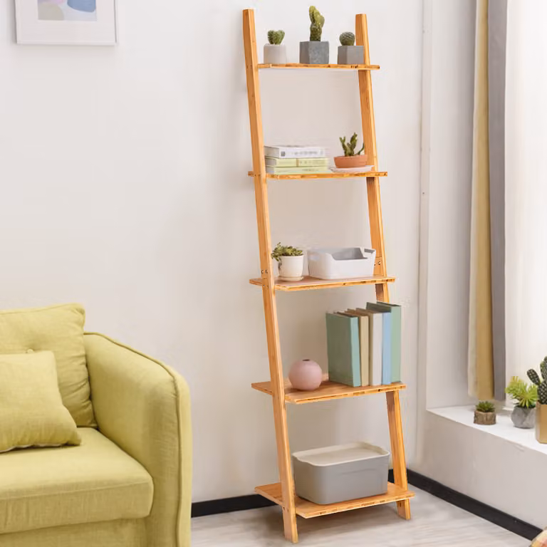 Libreria a scala Costway in bambù marrone con 5 ripiani, scaffale moderno per soggiorno, cucina o ufficio, L 43 cm x P 35 cm x H 165 cm