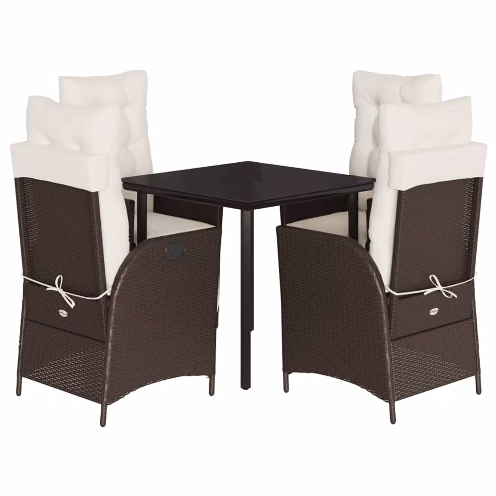 Set da Pranzo da Giardino 5pz con Cuscini in Polyrattan Marrone
