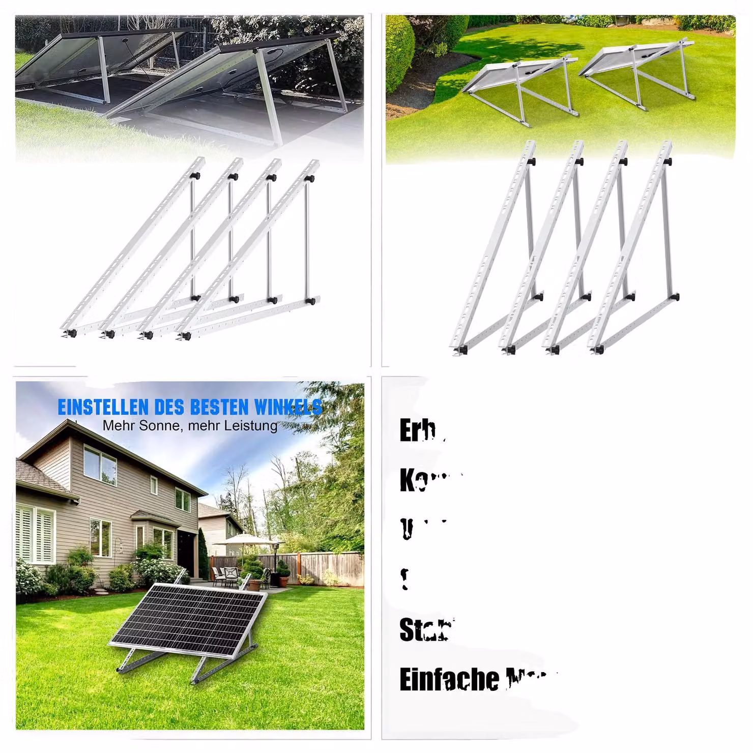 Sistema di montaggio fotovoltaico, realizzato in alluminio, con lunghezza delle gambe lunghe di 1180 mm e gambe corte di 545 mm, angolo regolabile da 0° a 90°, compatibile con pannelli solari