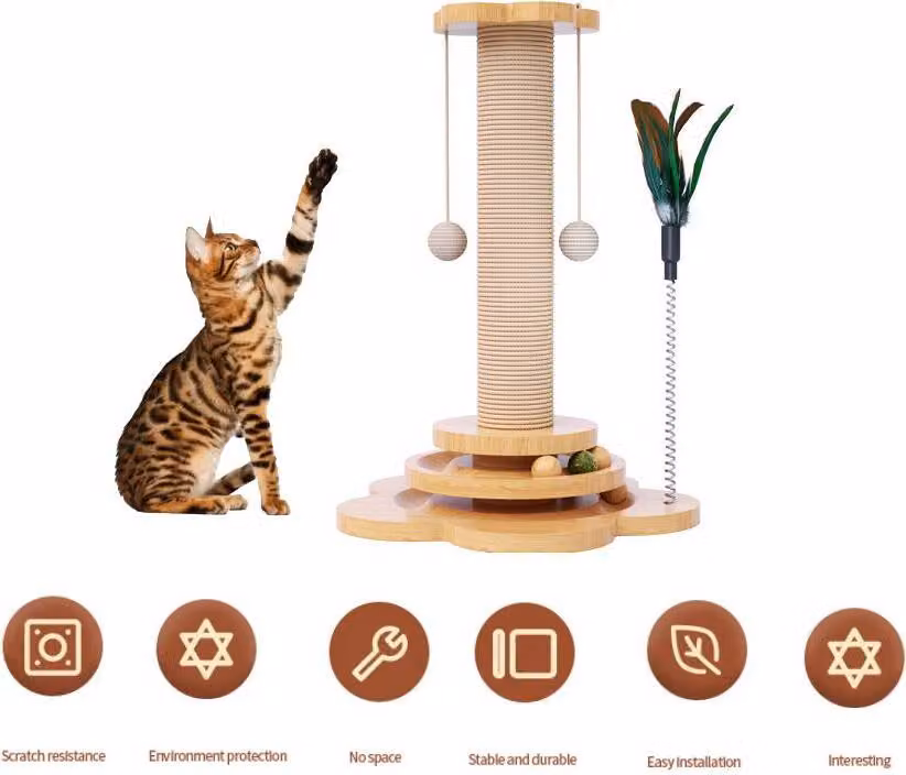 Giocattolo per gatti in legno massello: giradischi per gatti, palline divertenti da tirare, tiragraffi in sisal resistente, accessori per gatti, altezza 40 cm