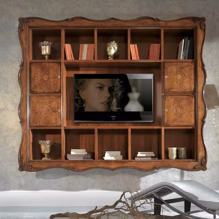 Parete porta TV Bassano con cornice e 14 vani in legno color marrone Mobili 2G L: 235 cm, P: 37 cm, H: 192 cm