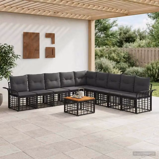 Set di divani da esterno 10 pz Nero e Grigio scuro Poliestere 3437705