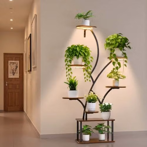 VEVOR Portavasi da Interno con Luci di Crescita, Mensola in Metallo Nero Opaco a 8 Livelli, Espositore per Piante e Fiori, H: 157,5 cm, L: 92,0 cm, P: 31,0 cm