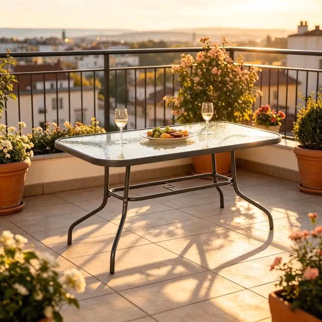 Tavolo da giardino rettangolare WISHDOR in metallo e vetro temperato, L: 120 cm, P: 80 cm, H: 70 cm, grigio
