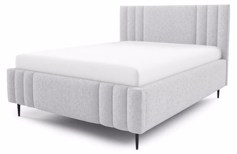 Letto imbottito con contenitore e gonna a pavimento, finitura grigio perla, dimensioni 180 x 200 cm