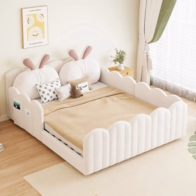 Letto imbottito a piattaforma 140 × 200 cm con sponde di protezione in MDF compensato e velluto beige