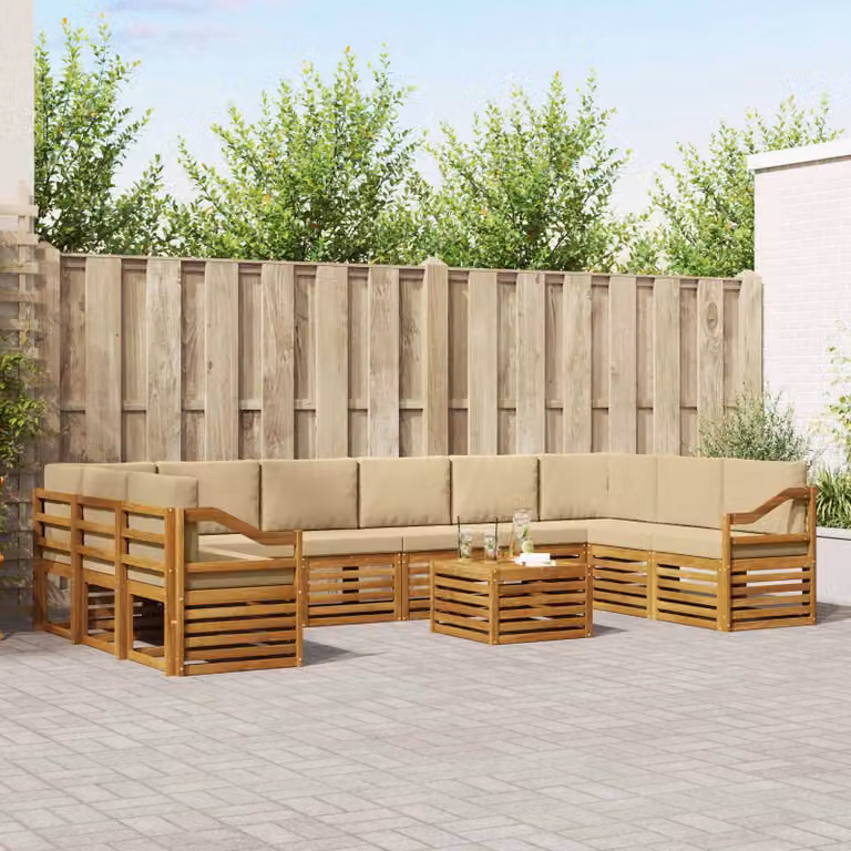Set di divani da esterno vidaXL 11 pz in legno di acacia con cuscini, forma a L, colore marrone e beige