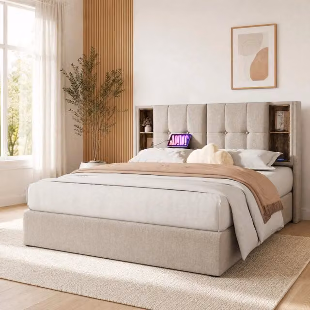 Letto imbottito ULEVR 160x200 cm in lino naturale con contenitore, ricarica wireless, USB e Type-C