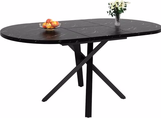 Tavolo rotondo allungabile con effetto marmo 100 cm, estendibile fino a 140 cm, altezza 75,5 cm, struttura in metallo nero