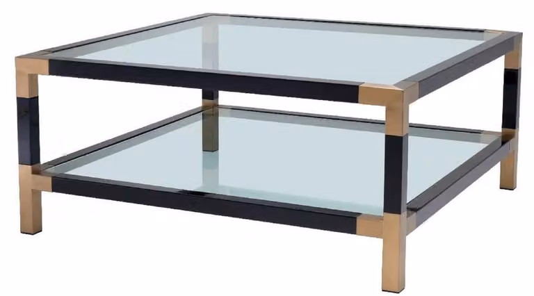 Tavolino Casa Padrino nero/ottone 100 x 100 x h. 45 cm - Tavolo da soggiorno con piano in vetro - Mobili