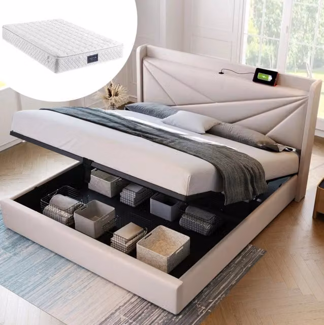 Letto matrimoniale contenitore 140x200 beige con USB-C, rete e materasso H3