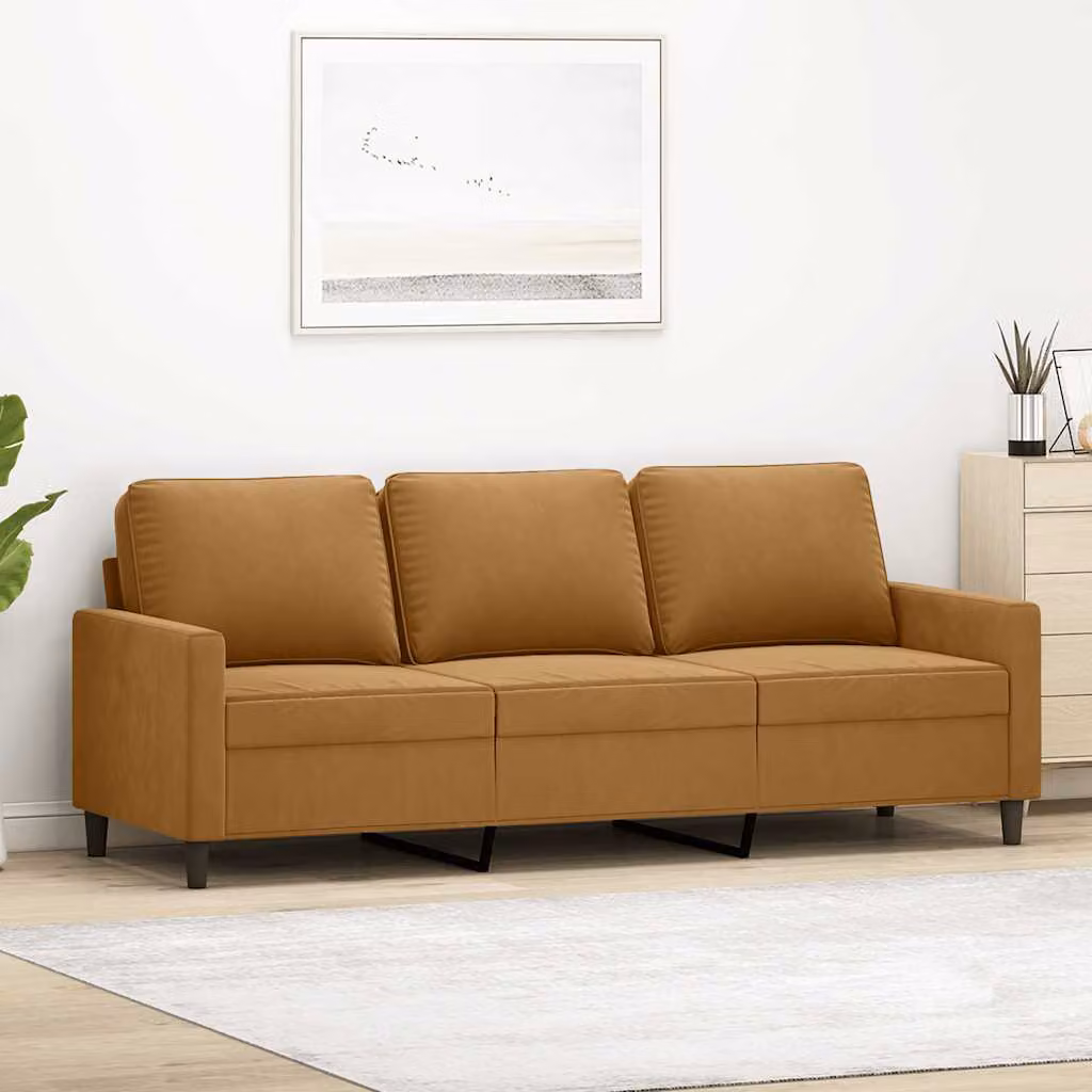 Divano a 3 posti moderno vidaXL in velluto marrone con struttura in metallo per il tuo soggiorno L: 198 cm, P: 80 cm, H: 77 cm