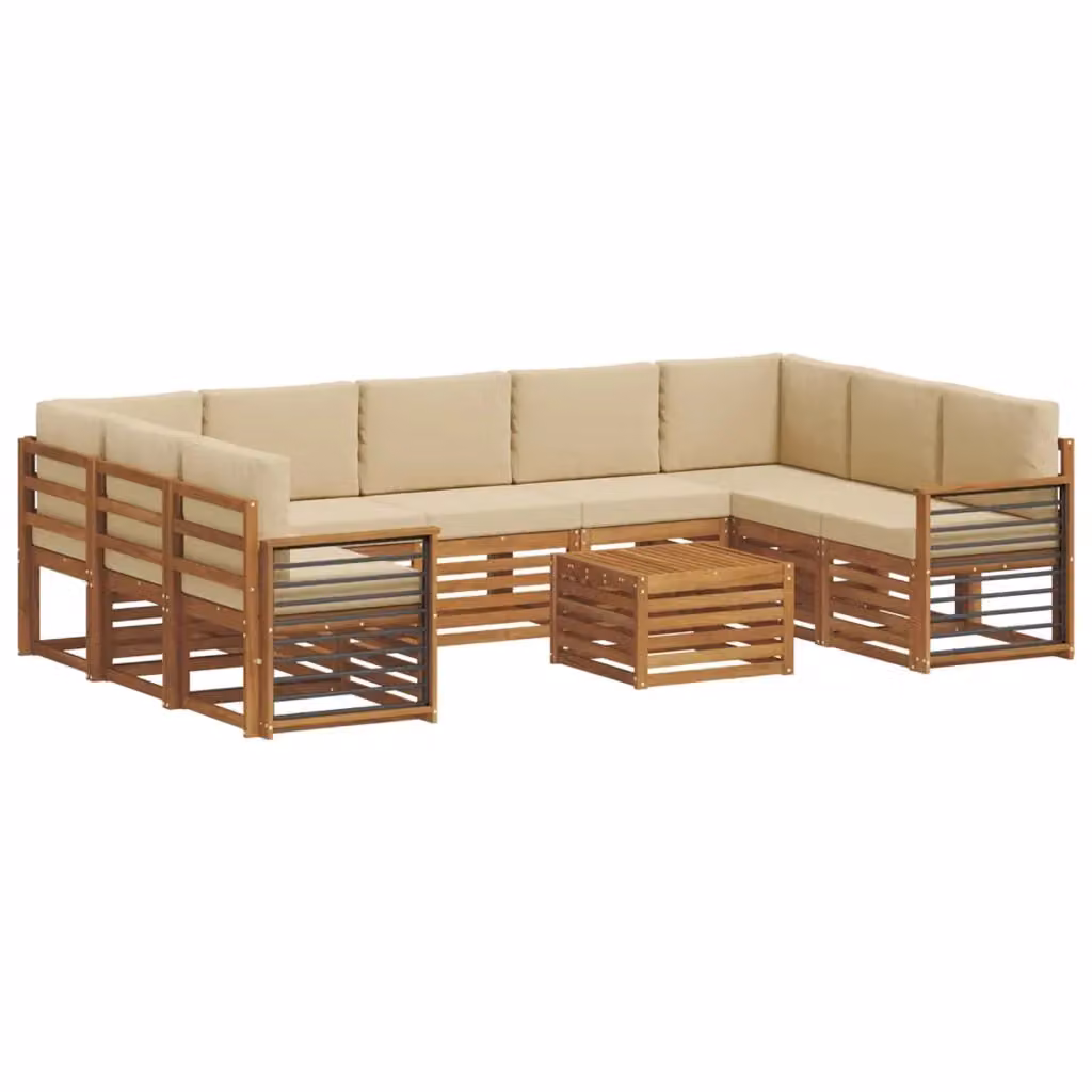 Set di divani da esterno a forma di U vidaXL in legno di acacia con tavolino da caffè e cuscini, Beige e Marrone – 2