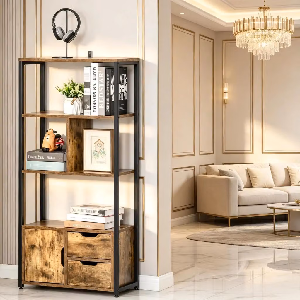 Libreria Industrial WISHDOR con 3 ripiani, armadietto e cassetti in metallo e MDF, colore nero e marrone, L: 122 cm, P: 24 cm, H: 58 cm – 2