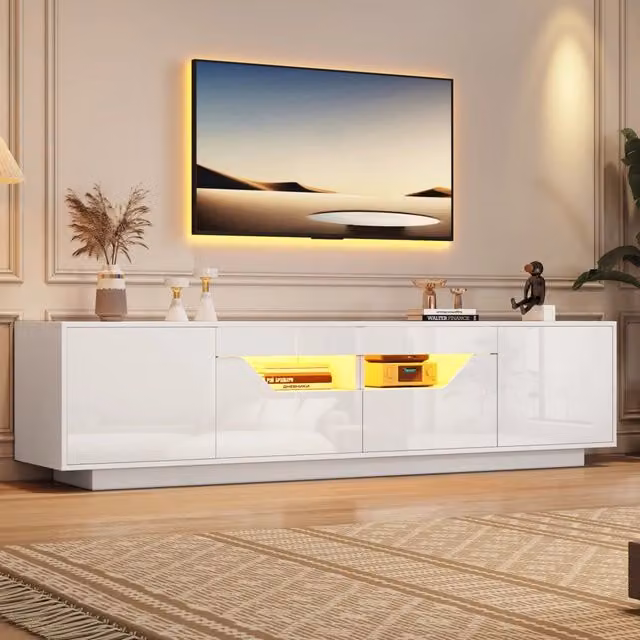 Mobile TV da 180 x 40 x 45 cm con LED e 2 cassetti, bianco lucido