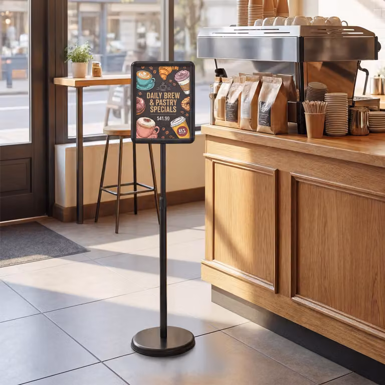 Set di 2 Espositori A4 da terra Costway in metallo nero con base riempibile, regolabili da 81 a 131 cm, ideali per menù e poster in ristoranti o uffici