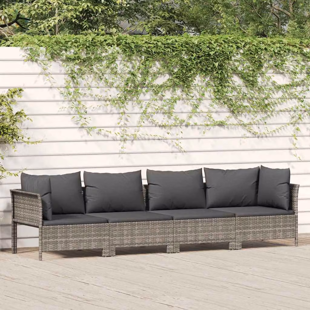 Set da giardino moderno vidaXL a forma di L composto da 4 pezzi con cuscini grigi e struttura in metallo e rattan