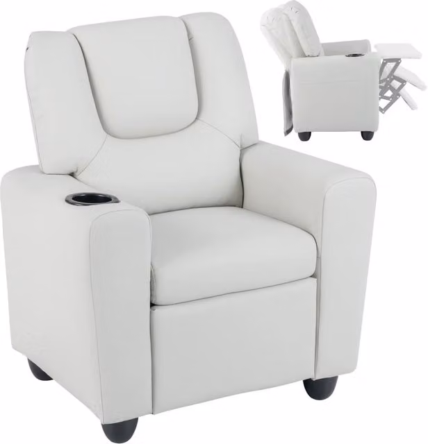 Poltrona reclinabile per bambini in pelle artificiale beige con schienale regolabile, poggiapiedi e porta bicchiere