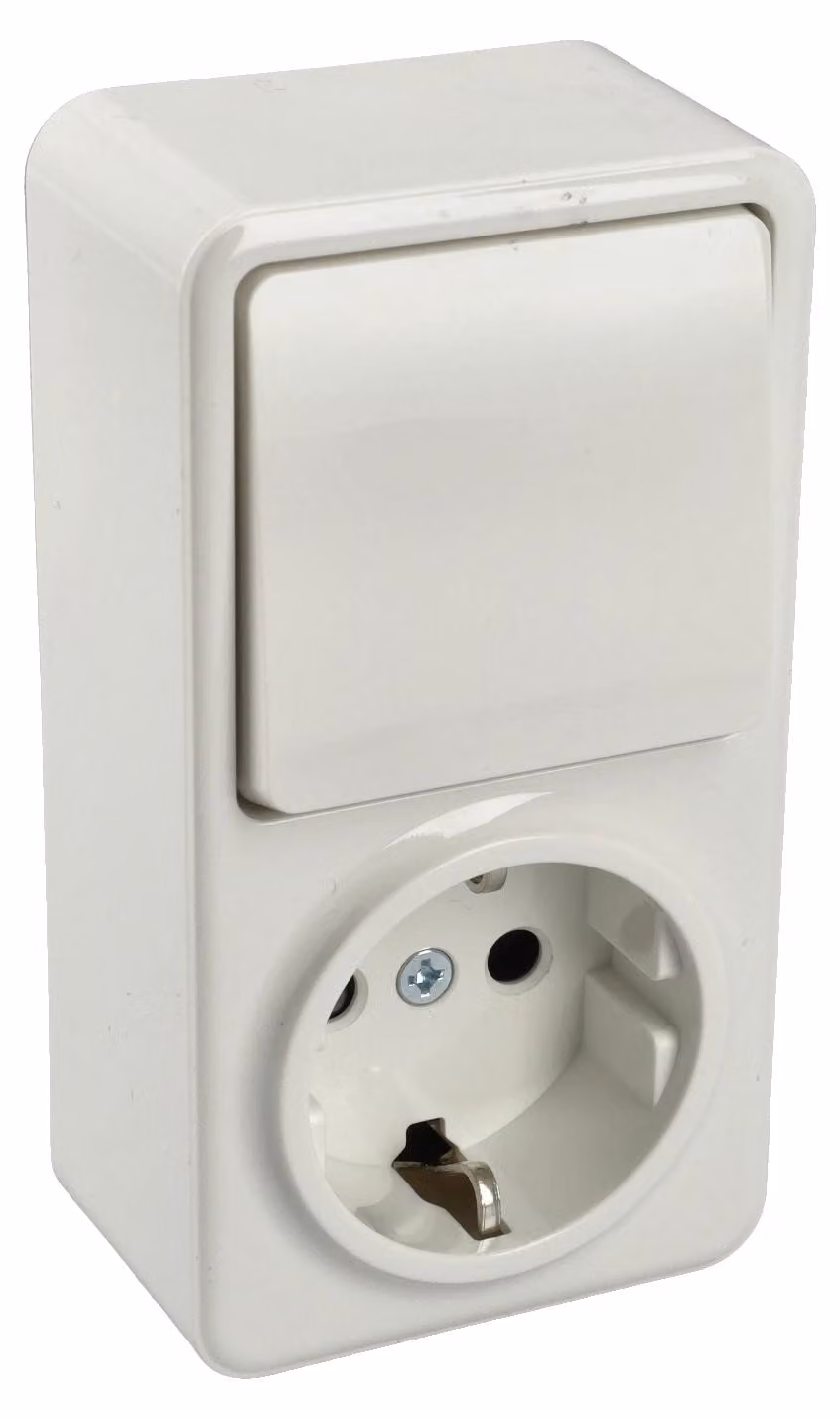 Interruttore a 2 circuiti, spina Schuko, 16 A, 250 V, montaggio a vista, dimensioni 112 x 60 x 40 mm