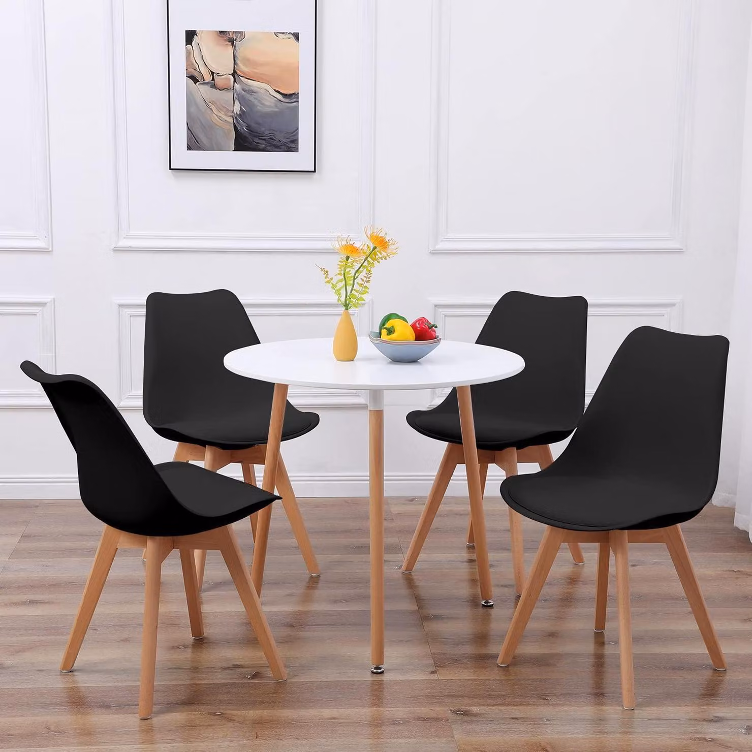Set tavolo rotondo con 4 sedie, stile scandinavo, bianco/nero, materiali: MDF, PP, legno, dimensioni: 80x80x72 cm
