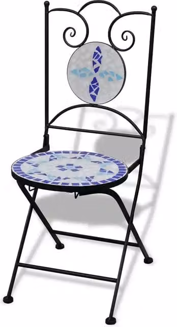 Set di 2 sedie da bistrot pieghevoli e impilabili in metallo con design geometrico blu e bianco per esterno, giardino o balcone