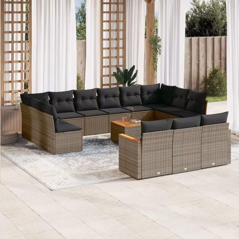 vidaXL Set Divani da Giardino a Forma di U in Polyrattan Grigio con Cuscini e Tavolino da Esterno