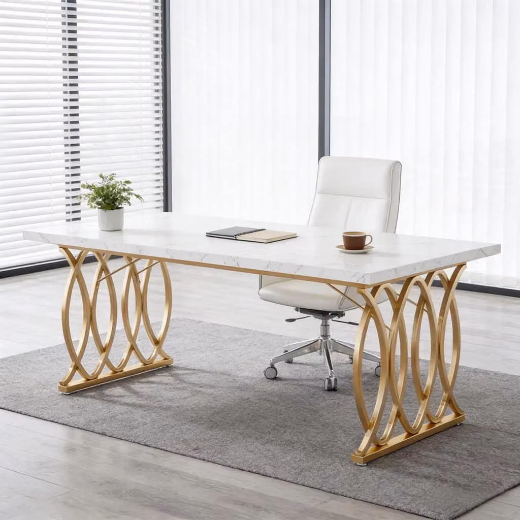 Scrivania dritta moderna Tynqer con piano rettangolare bianco lucido e struttura in metallo oro, L: 160 cm, P: 80 cm, H: 75 cm – 2