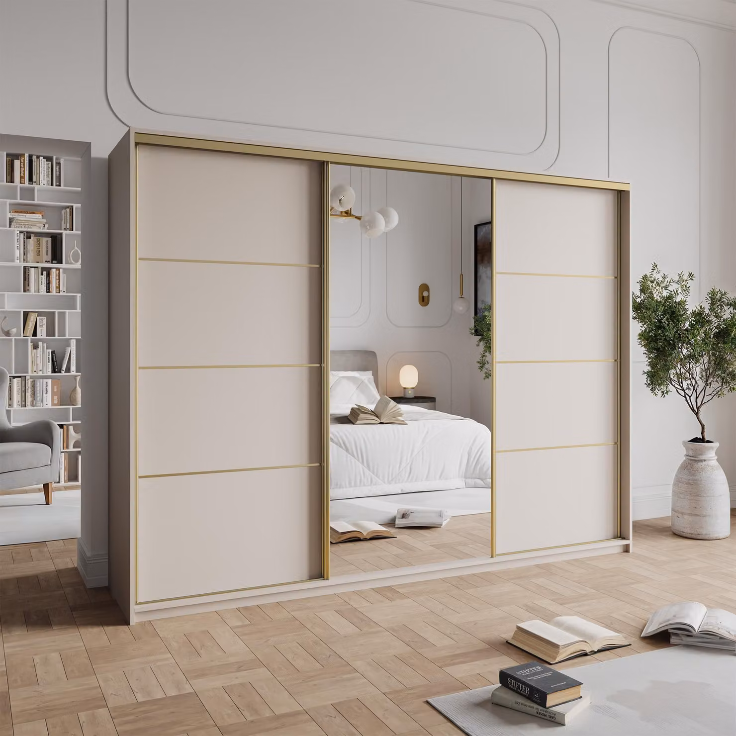 Armadio scorrevole Masseno VARO 250/205/60 cm Armadio con 4 cassetti Armadio per camera da letto a 3 ante con specchio Cashmere