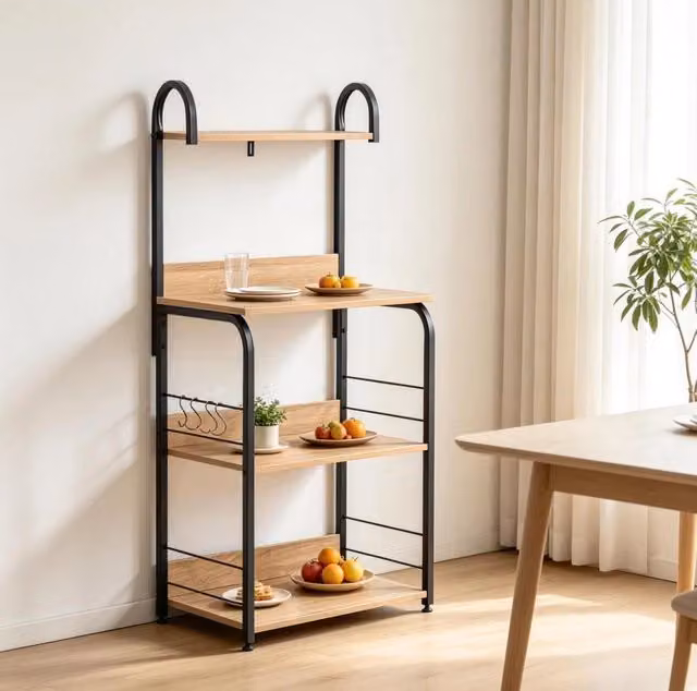 Scaffale da cucina a 4 livelli con ganci, ripiani e vassoio, nero effetto legno