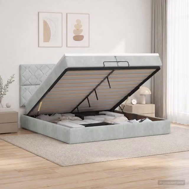 Letto ottomano moderno vidaXL in velluto grigio e bianco con contenitore e materasso a molle L/P/H: 200 x 200 x 88 cm
