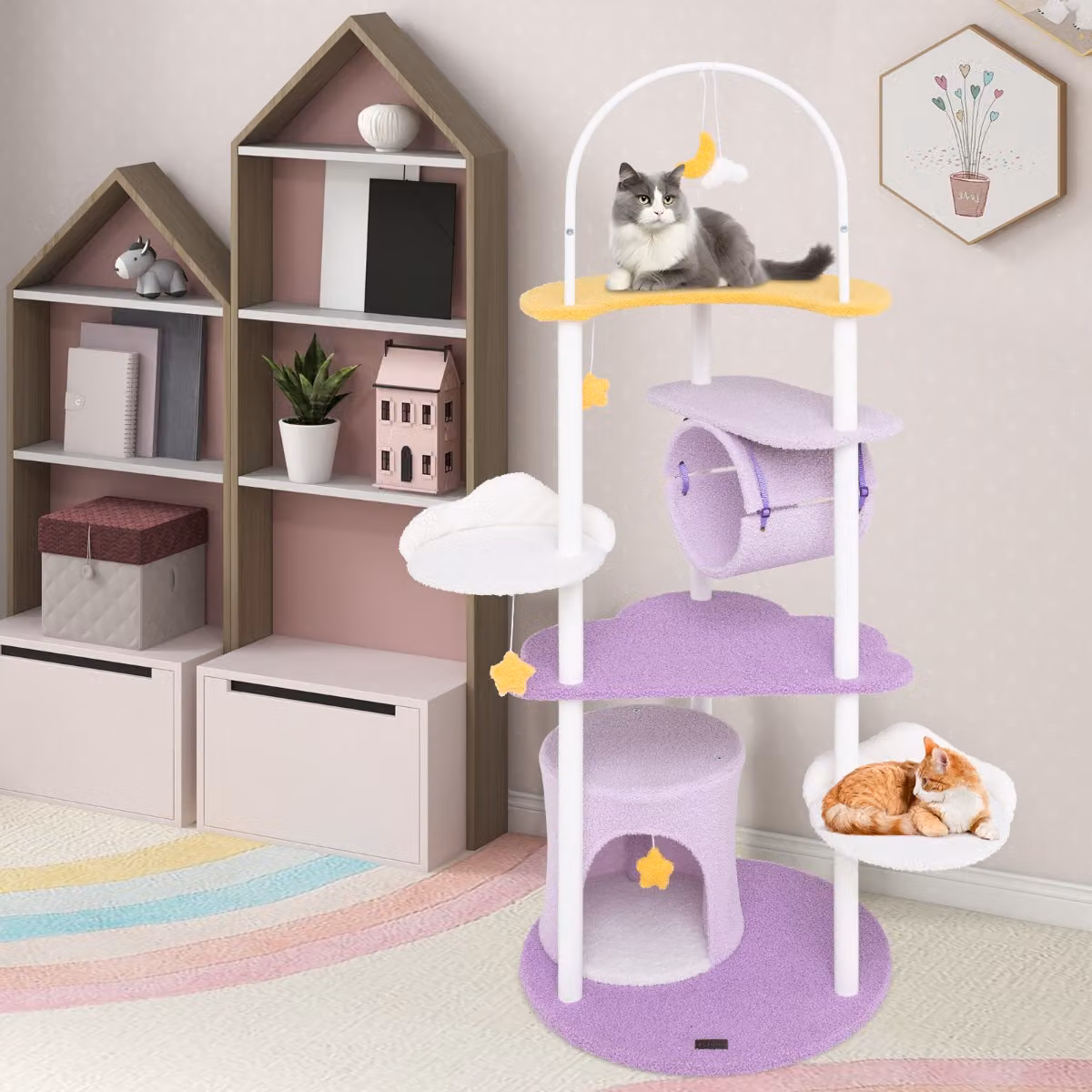 Albero per gatti multi-livello Costway con struttura in metallo e trespolo superiore, Torre per gatti viola e bianca, Altezza: 158 cm