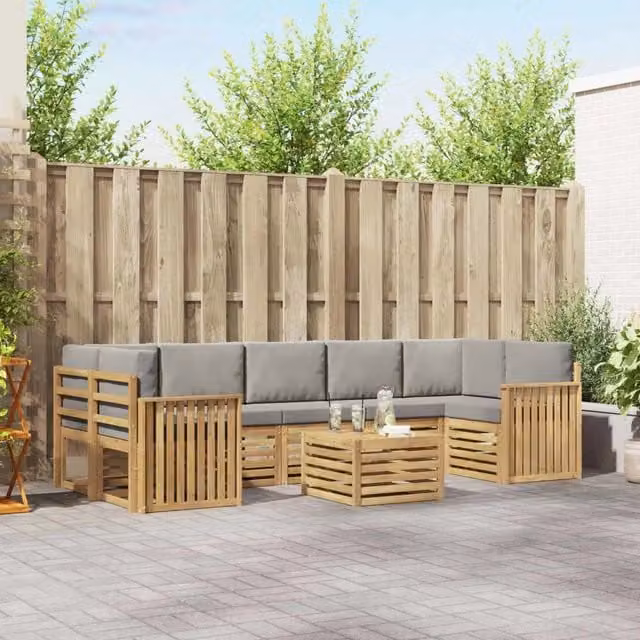 Set di divani da esterno a L con tavolino vidaXL in legno di acacia bianco e grigio – 1
