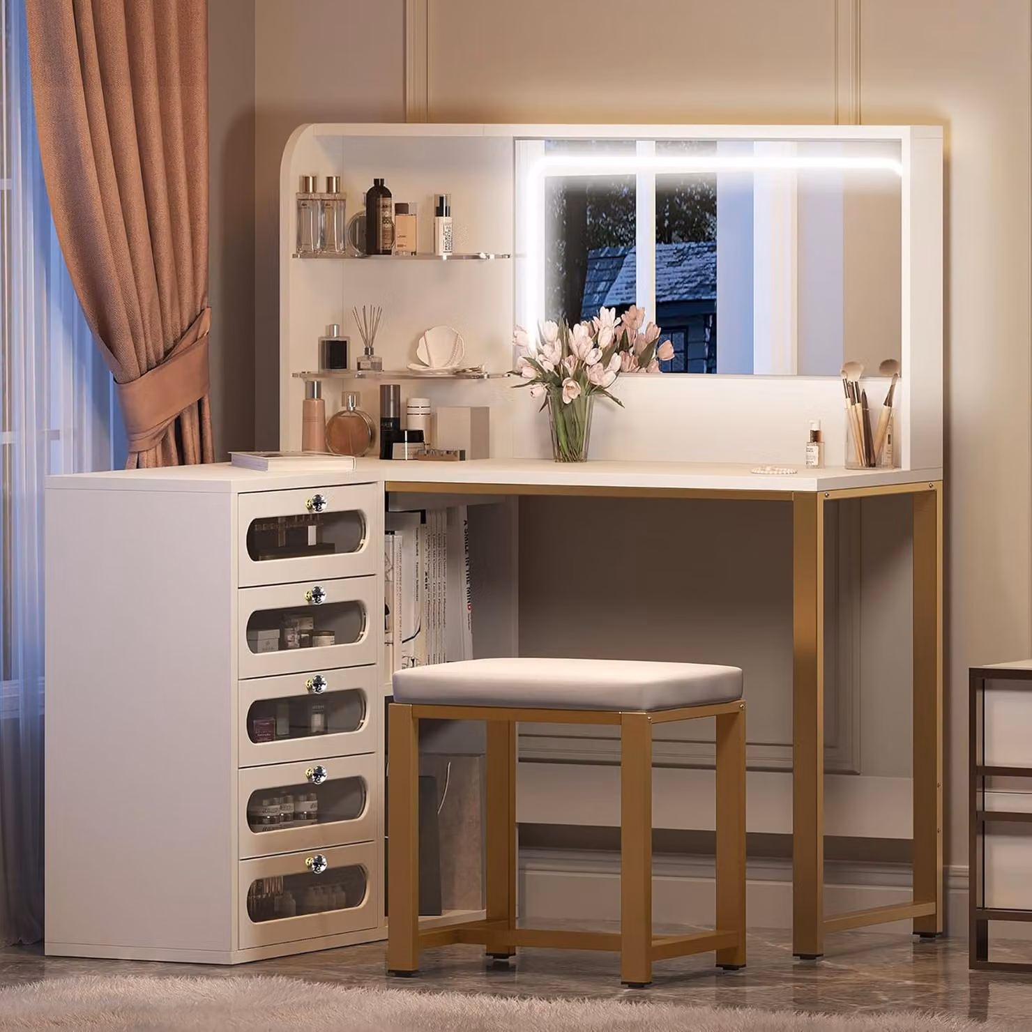 CDGlobal Tavolino da toeletta con specchio e sgabello, tavolino da toeletta con illuminazione - 3 modalità di colore, cassetti e contenitori chiusi Scrivania moderna per il trucco in camera da letto, bianco